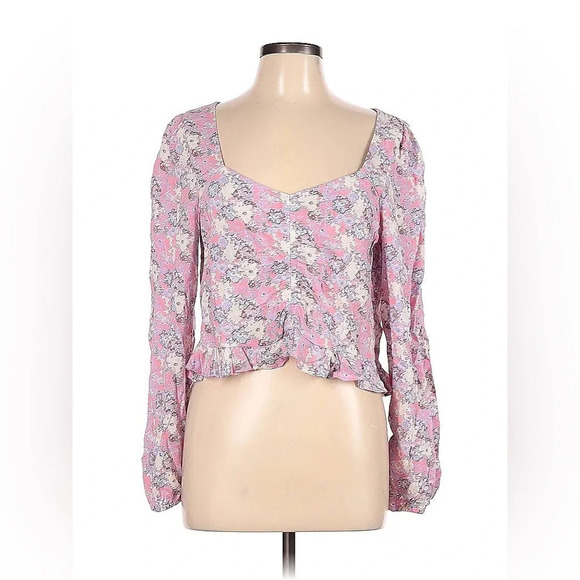 Abound Tops - Abound pink fade to flower long sleeve ruffle hem blouse